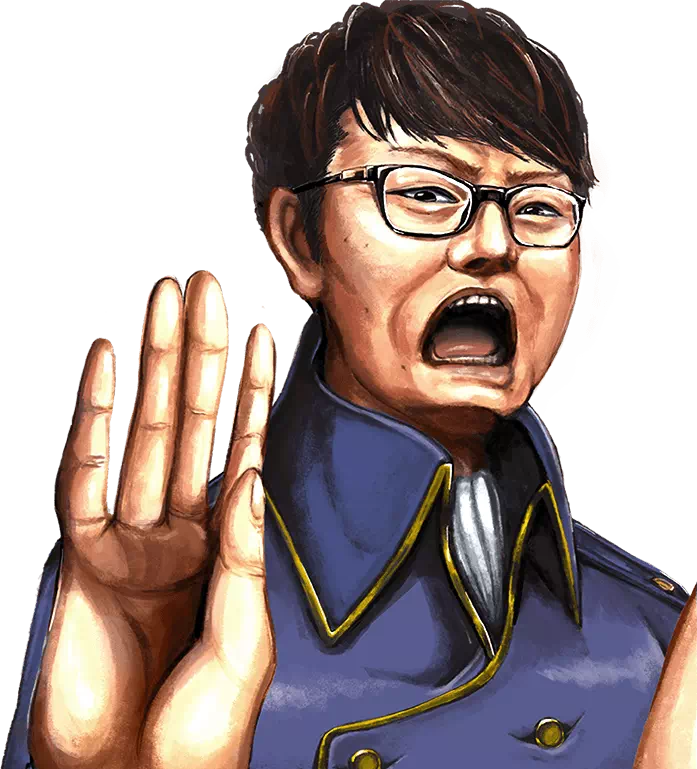 手のひらを突き出して叫ぶ眼鏡の社長キャラ
