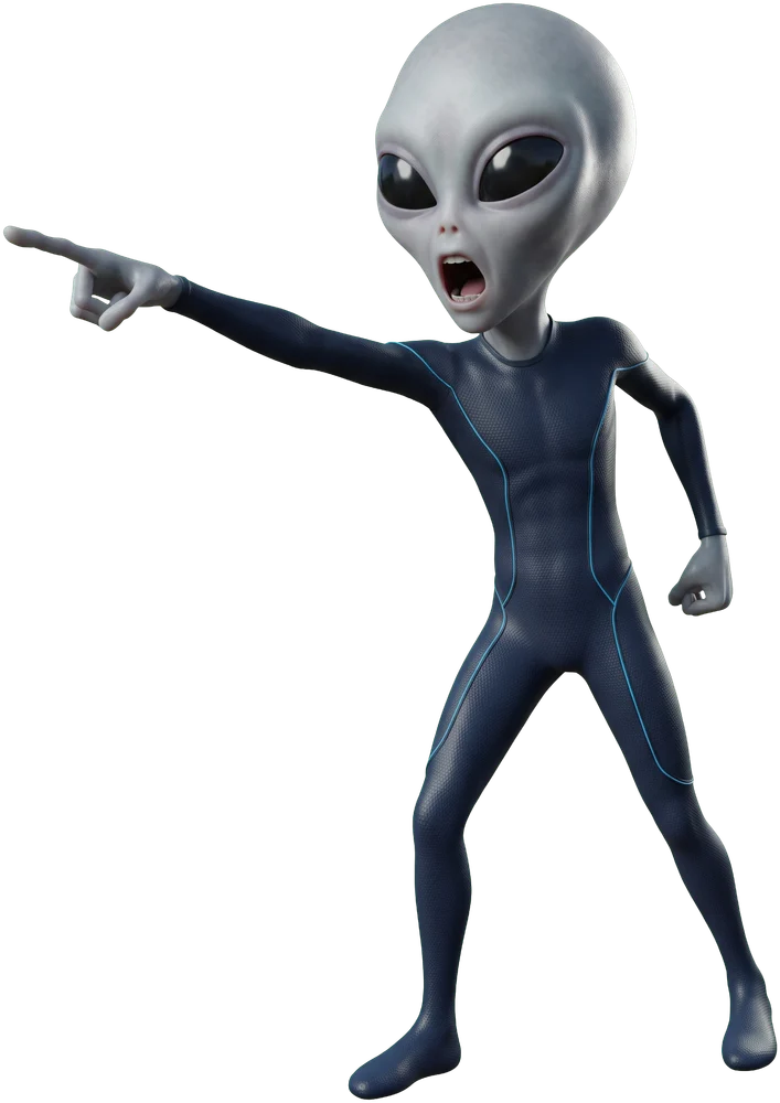 腕を伸ばして指差す黒目の宇宙人