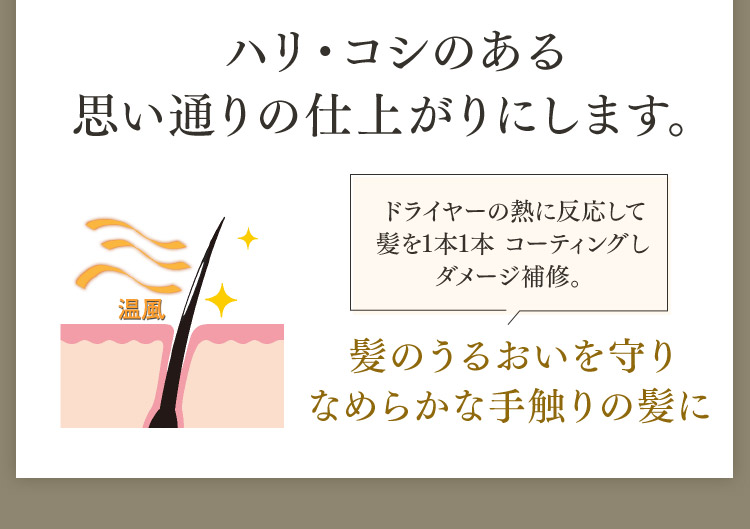 ハリ・コシのある思い通りの仕上がりにします。ドライヤーの熱に反応して髪を1本1本コーティングしダメージ補修。髪のうるおいを守りなめらかな手触りの髪に