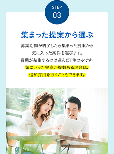 STEP 03 集まった提案から、気に入った提案を選ぶ 募集期間が終了したら集まった提案から気に入った案件を選びます。費用が発生するのは選んだ1件のみです。気にいった提案が複数ある場合は、追加採用を行うこともできます。
