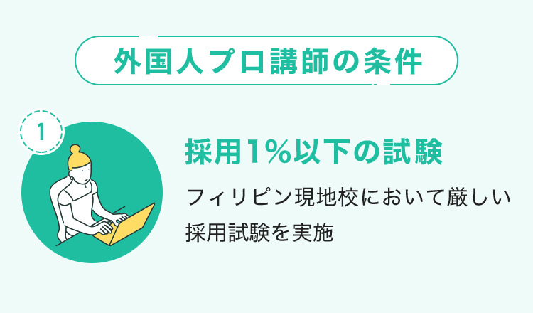 外国人プロ講師の条件 採用1％以下の試験 1 フィリピン現地校において厳しい採用試験を実施