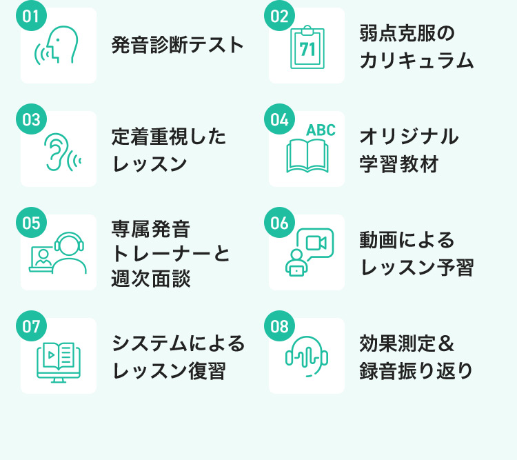 01 発音診断テスト 02 弱点克服のカリキュラム 03 定着重視したレッスン 04 オリジナル学習教材 05 專属凳音トレーナーと週次面談 06 動画によるレッスン予習 07 システムによるレッスン復習 08 効果測定＆録音振り返り