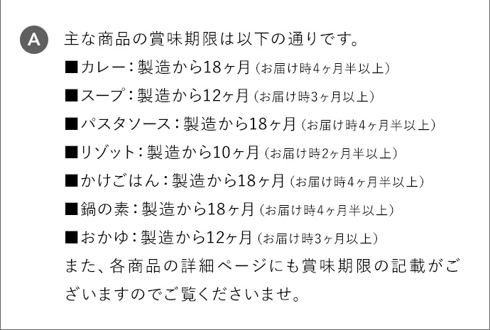 A 主な商品の賞味期限は以下の通りです。 カレー：製造から18ヶ月（お届け時4ヶ月半以上） スープ：製造から12ヶ月（お届け時3ヶ月以上） パスタソース：製造から18ヶ月（お届け時4ヶ月半以上） リゾット：製造から10ヶ月（お届け時2ヶ月半以上） かけごはん：製造から18ヶ月（お届け時4ヶ月半以上） 鍋の素：製造から18ヶ月（お届け時4ヶ月半以上） おかゆ：製造から12ヶ月（お届け時3ヶ月以上） また、各商品の詳細ページにも賞味期限の記載がございますのでご覧くださいませ。