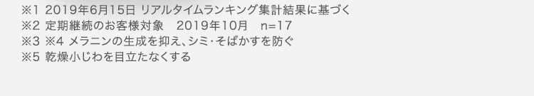 ※1 2019年6月15日 リアルタイムランキング集計結果に基づく ※2定期継続のお客様対象 2019年10月 n=17 ※3※4 メラニンの生成を抑え、シミ・そばかすを防ぐ ※5 乾燥小じわを目立たなくする