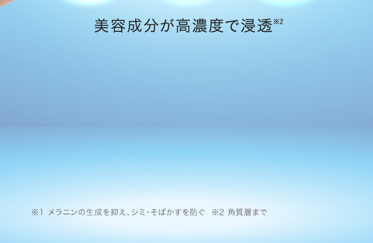 美容成分が高濃度で浸透※2 ※1メラニンの生成を抑え、シミ・そばかすを防ぐ ※2 角質層まで