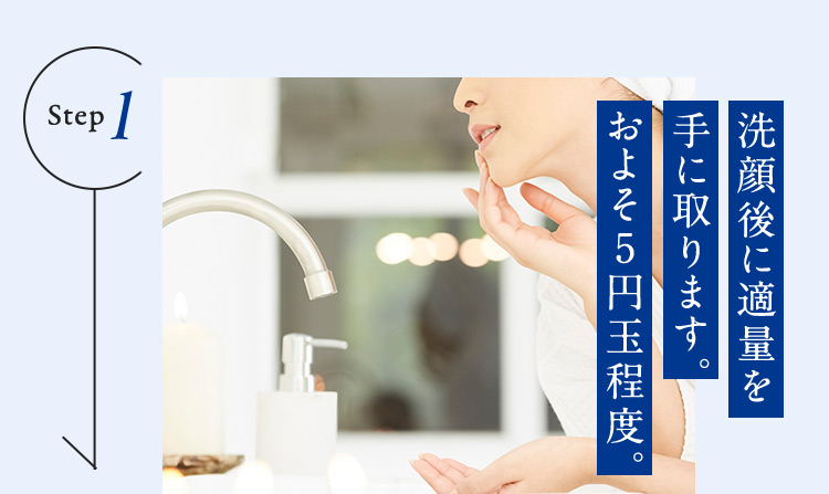 Step1 洗顔後に適量を手に取ります。およそ5円玉程度。